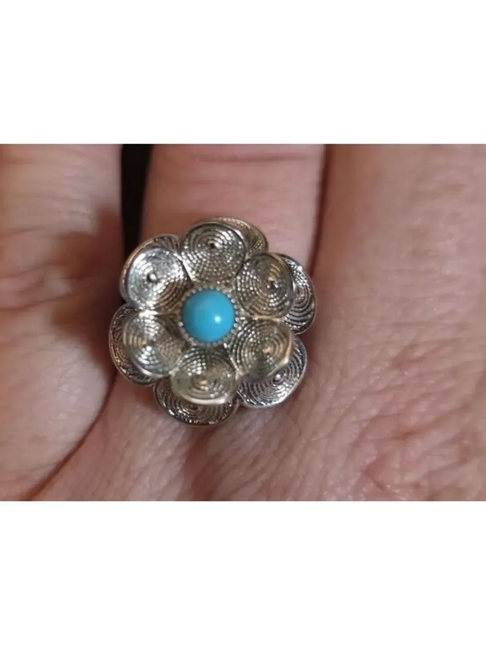 Vintage 1970s Sarah Coventry Silver Flower Filigree Ring with Turquoise Cabochon